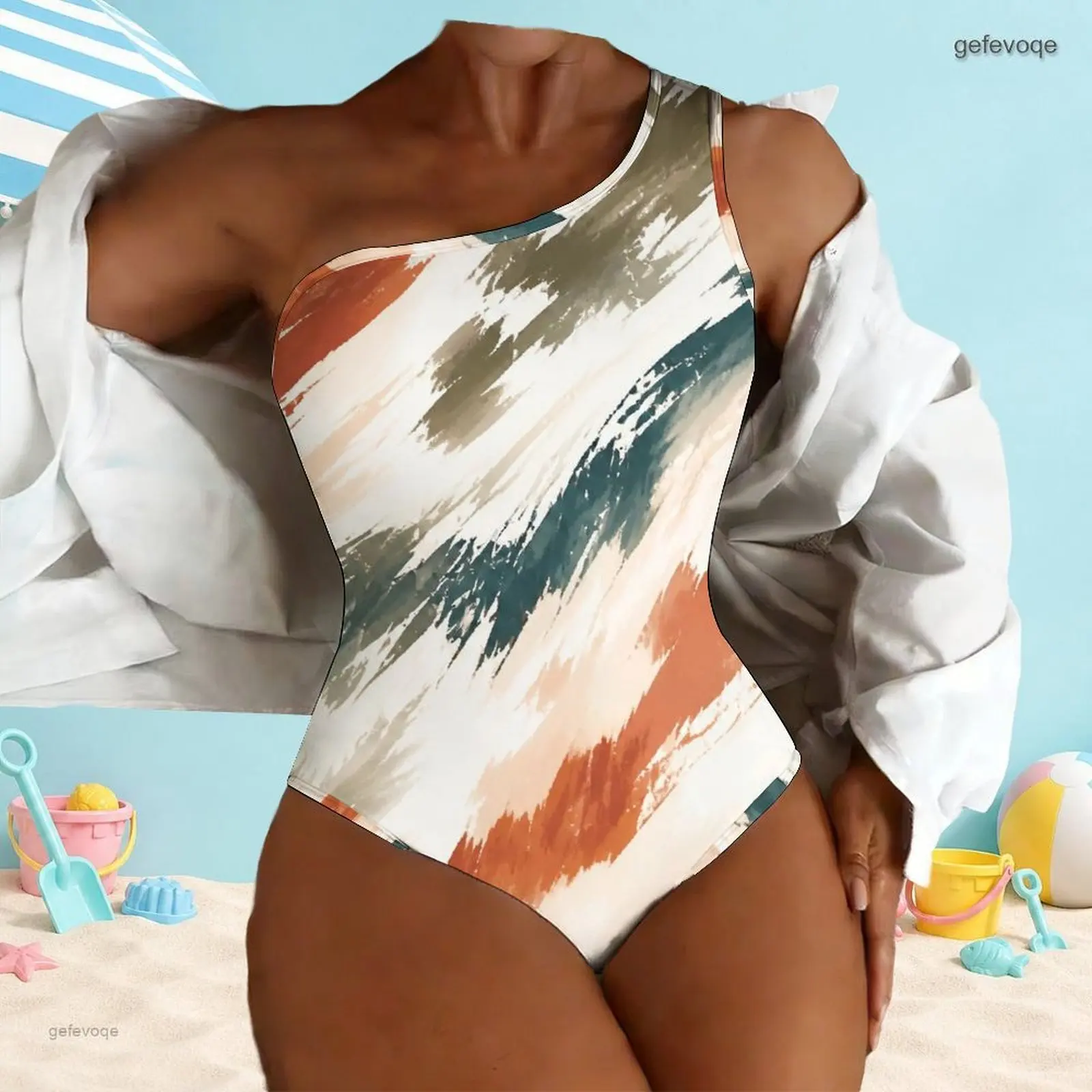 One Shoulder One Piece Asymmetric Neck Printed Swimsuit for Women