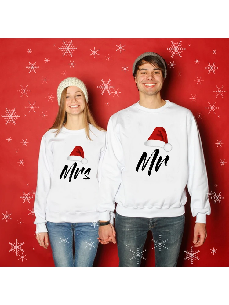 Mr and Mrs Couple Christmas Sweatshirt Merry Christmas Husband & Wife Pullover Lovely Couples Hoodies X-Mas Gift