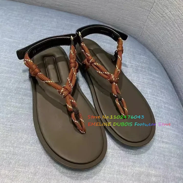 Cord Strap Leather Sandals Women Round Toe Spring 2024 New Flat Flip Flop Clip Toe Vacation Beach Flat Bottomed Sandals