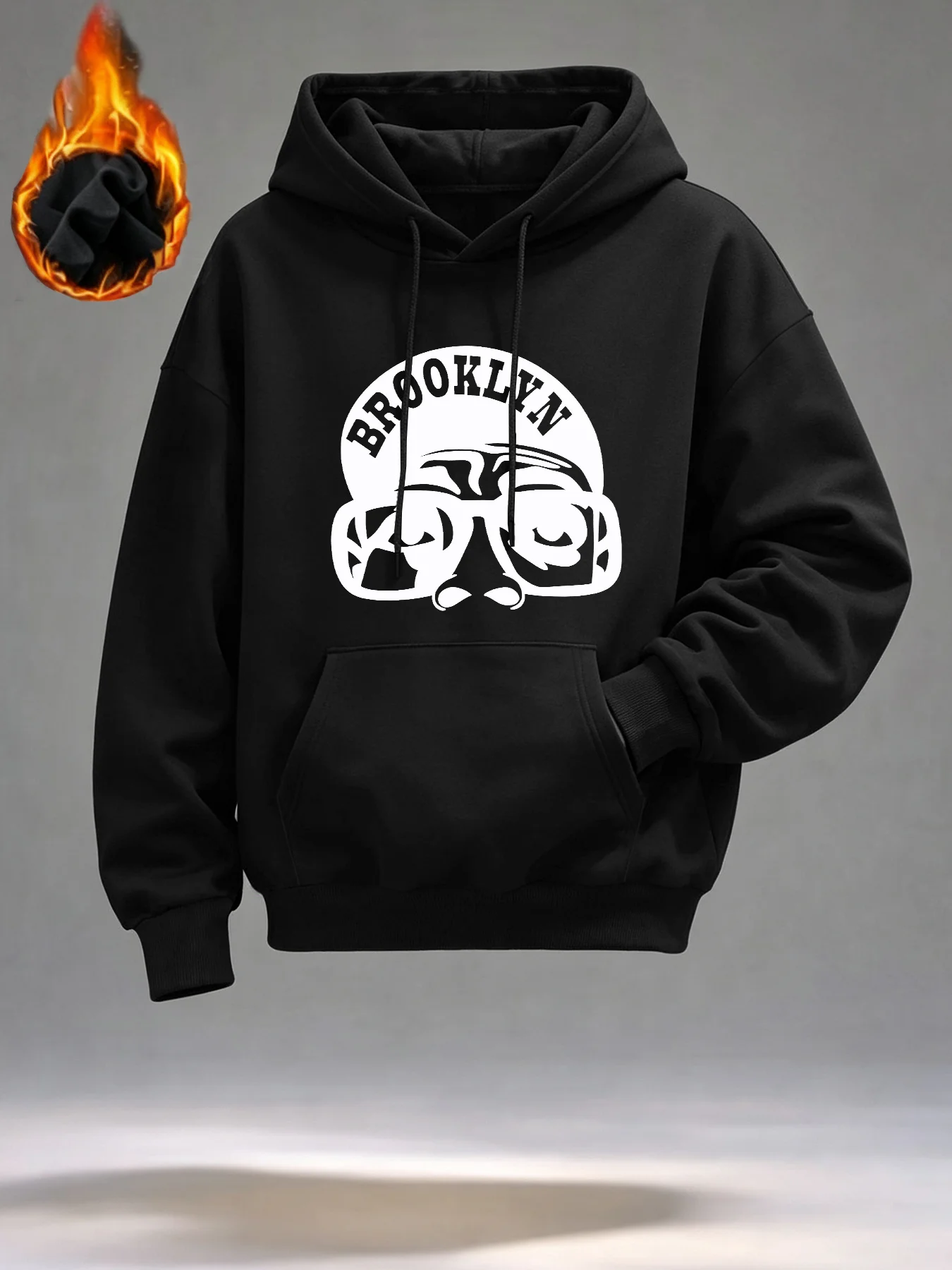 Relaxed-fit hooded sweatshirt featuring a trendy Brooklyn street-style character print. Unisex style.