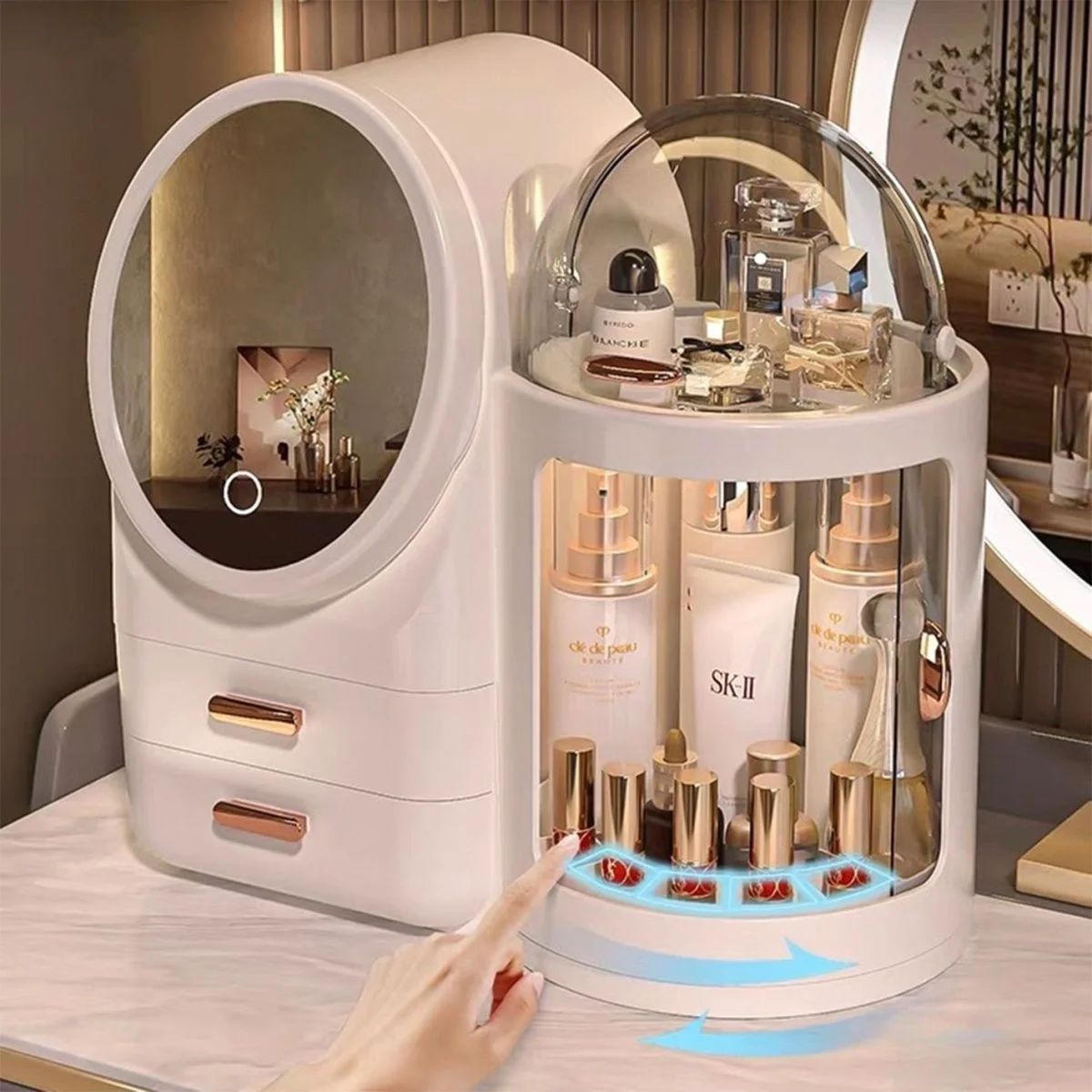 

Настольный светодиодный органайзер для косметики с большим объемом, встроенным зеркалом и портативным дизайном