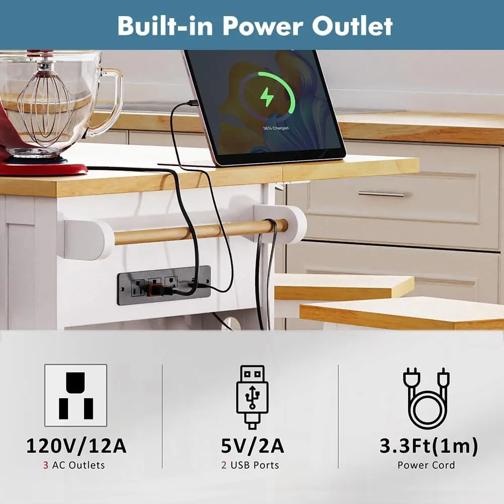 Rolling Kitchen Island with Storage, Kitchen Cart on Wheels with Drop Leaf, Mobile Kitchen Storage Cart with Power Outlet, Open