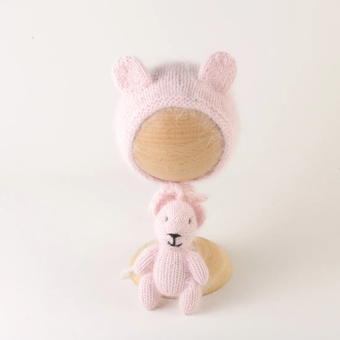 

Винтажный вязаный детский чепчик с помпоном и медвежонком, набор игрушек, реквизит для фотосъемки новорожденных, вязаная крючком и льонная игрушка и шапка, аксессуары для фотографий