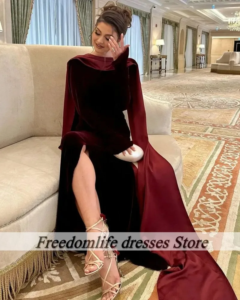 Stunning Burgundy Evening Dresses With Cape Backless Pearls Arabic Dubai Wedding Party Gowns Long Sleeve Velvet Vestido De Noche