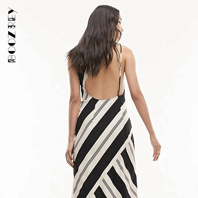 BoozRey Sexy One-Shoulder Zebra Printed  Backless Maxi Dress for Women 2023 Elegant Striped Sleeveless High Street Party Dresses