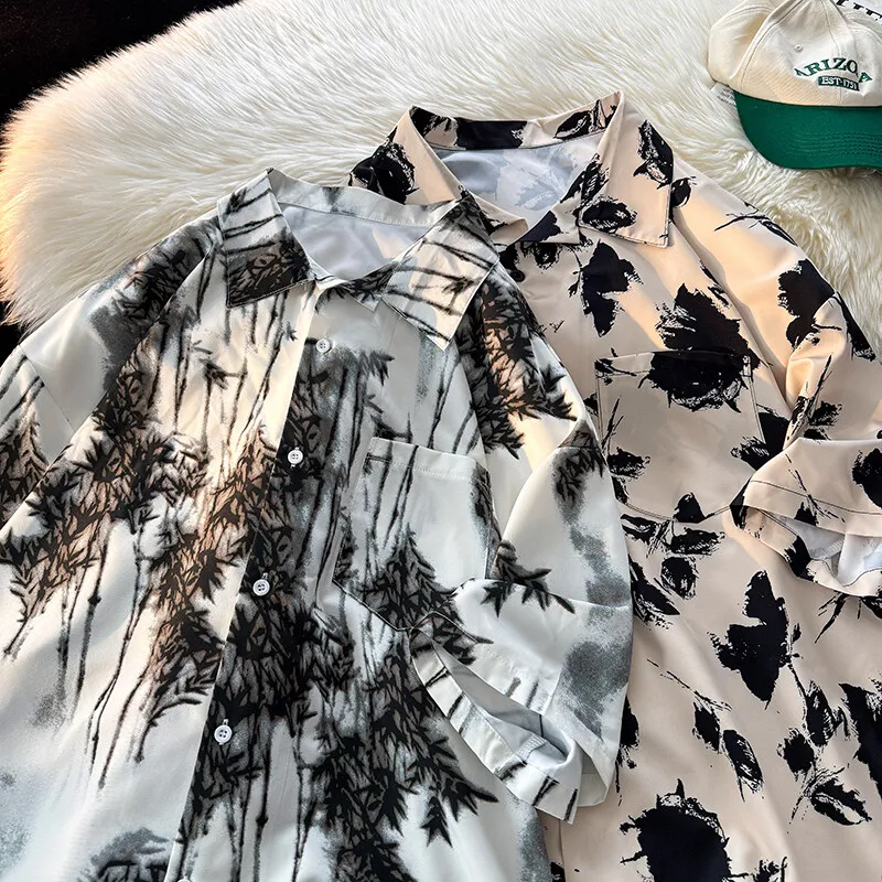 New Ink Halo Shirt Short-sleeved Men's Summer Ice Silk Shirt Oversized Loose Beach Shirt Hawaiian Holiday Tops