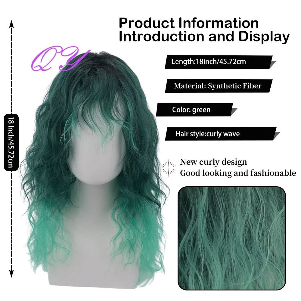 18 Inch  Wavy Curls Red Black Pink Green With Bangs Synthetic Cosplay Wig  Suitable For Women's Gatherings Or Costume Cosplay