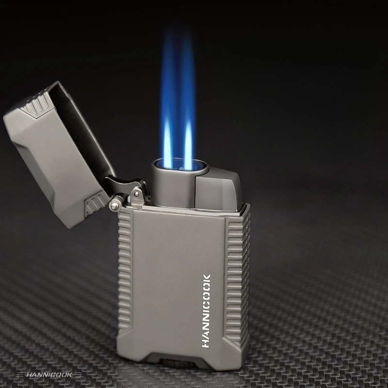 ولاعة جديدة قابلة للنفخ من البيوتان، شعلة مزدوجة مقاومة للرياح لهب أزرق إبداعي ولاعة سيجار بلوري، هدية راقية للرجال