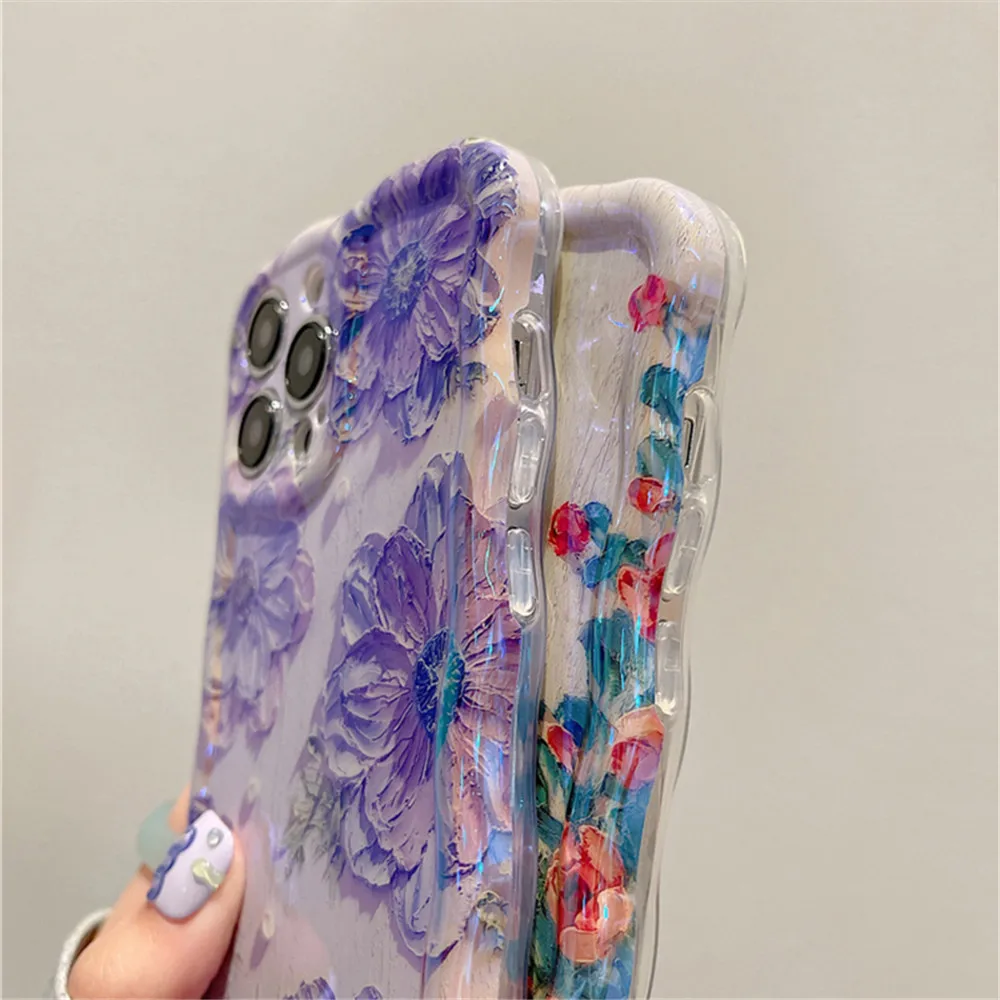 Ottwn Luxury Laser Oil Painting Flowers Phone Cases For iPhone 11 12 13 14 15 Pro Max Fashion Shockproof Soft Bumper Back Covers image 6