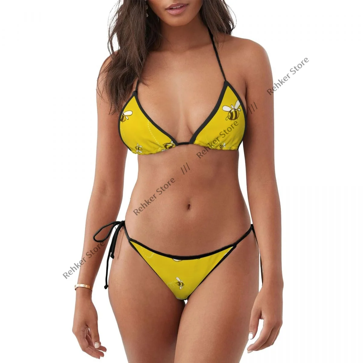 

Woman Swimsuit Sexy Bikini Set Swimwear Cute Flying Bees Illustration Two Piece Bathing Suit