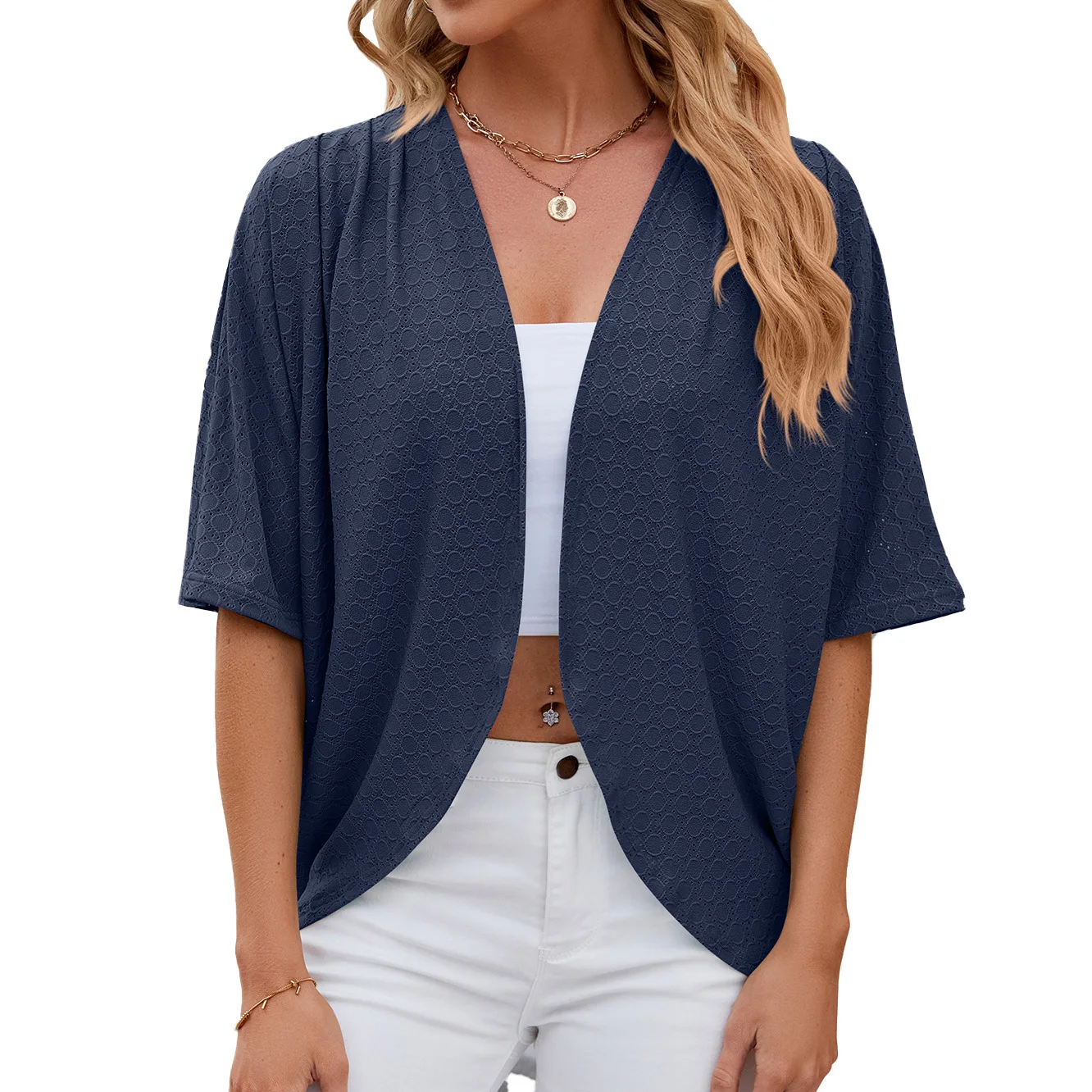 2024 Elegant Women\'s Mid Sleeve Casual Loose Hollow Out Cardigan Fashion Ladies Outwear Womens Sunscreen Shirts Boho Tops