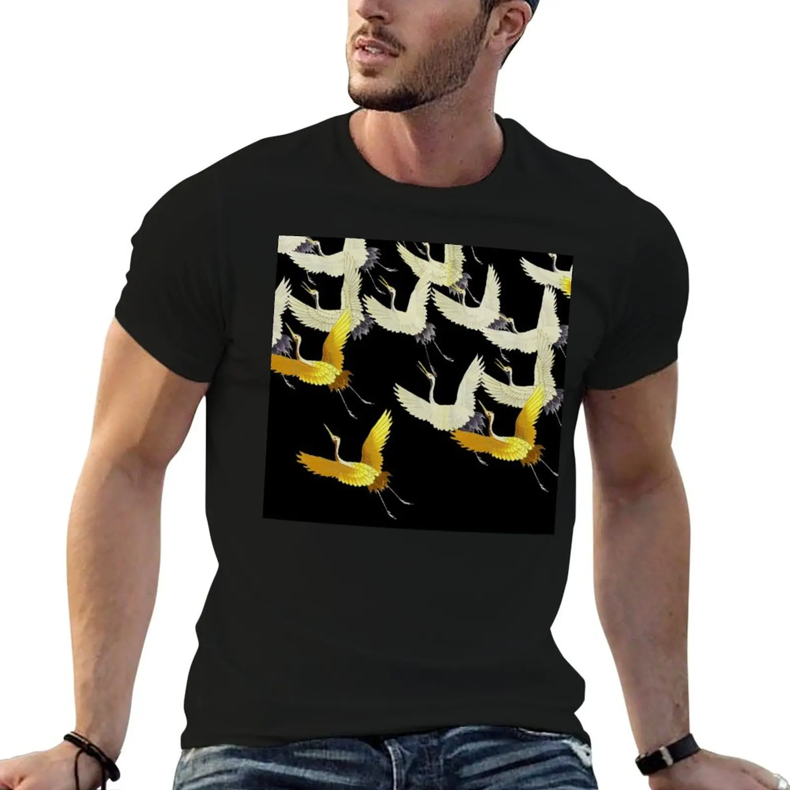 

FLYING cotton cotton T-Shirt t Japanese GOLD CRANES WHITE IN shirt BLACK Pattern shirt man pack YELLOW t