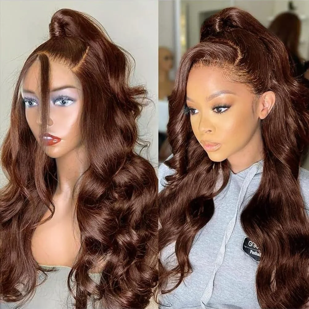 Chocolate Brown Straight Lace Front Wig Synthetic 30 Inch 200 Density 13x4 HD Transparent Full Lace Frontal Wig Pre Plucked