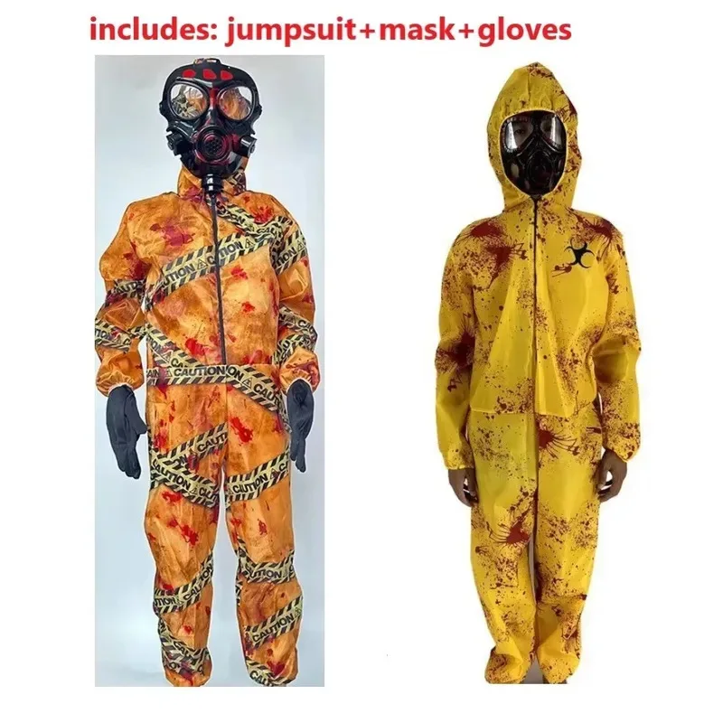 Q156NEW المشي الميت زومبي الرعب زي طفل هالوين الإشعاع واقية الكبار مخيف الزي الأصفر بذلة للرجال والنساء
