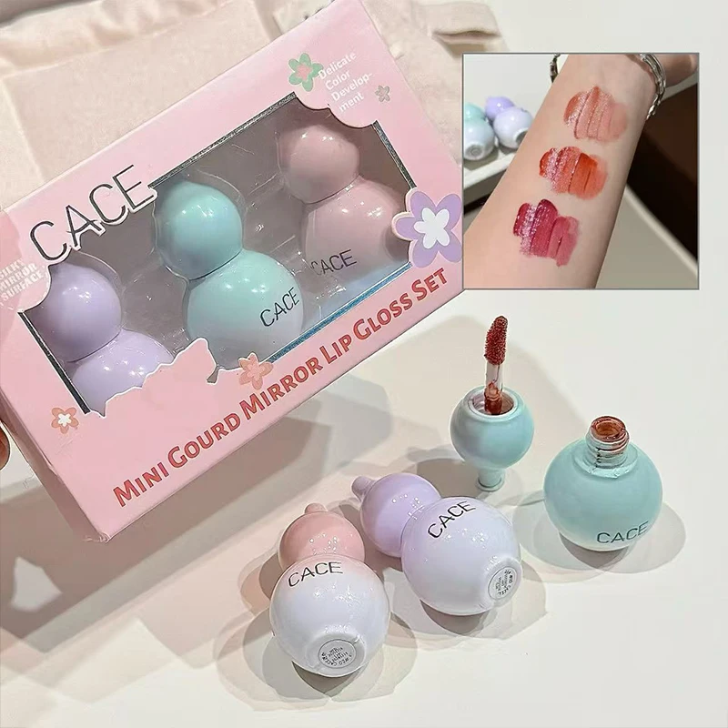 QIBEST Mini Gourd Watery Mirror Lip Glaze Sets 3 Colores Larga Duración Hidratante Brillo Labial Efecto Cristal Tinte Labial Kits