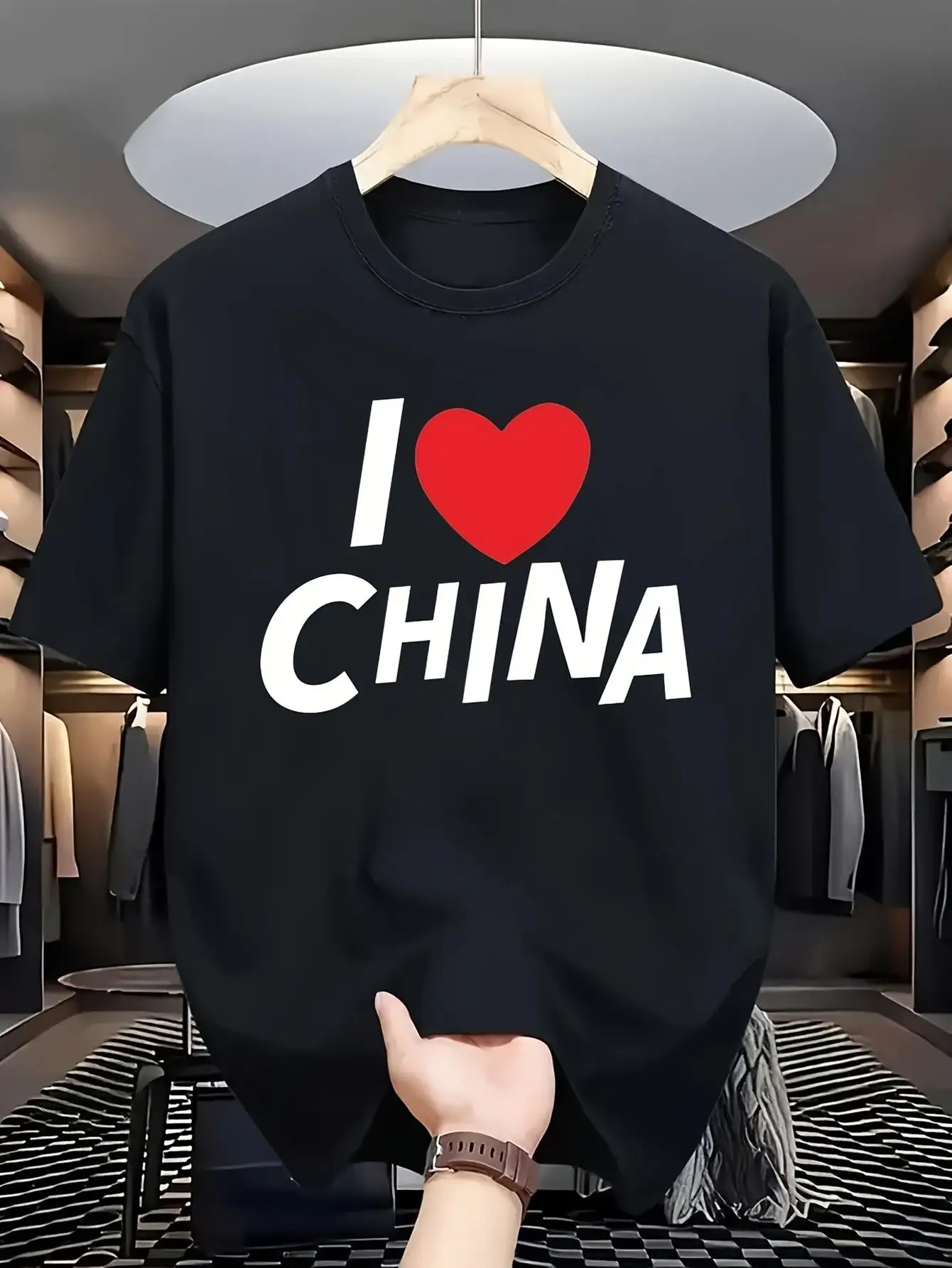 T-shirt da uomo con motivo orgoglio cinese - I Love Chinese Print, nera con lettere bianche e caratteri cinesi, casual C
