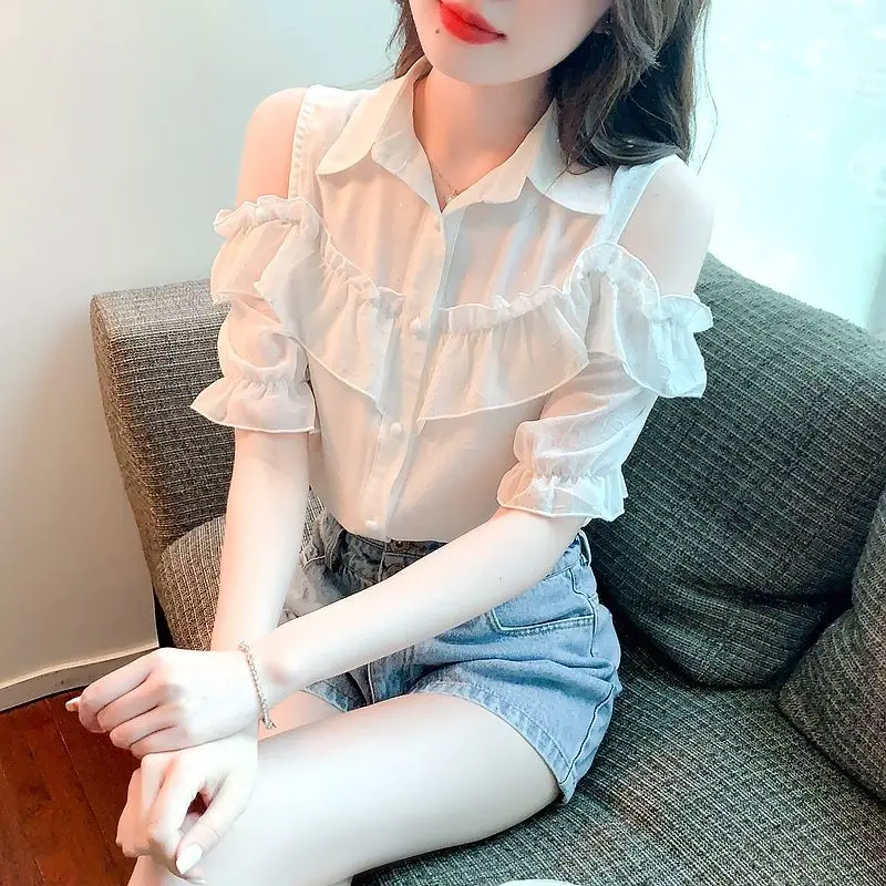 Women\'s Summer Fashion Simplicity Solid Color Polo Collar Short Sleeve Chiffon Shirts Women Clothes Temperament Casual Tops