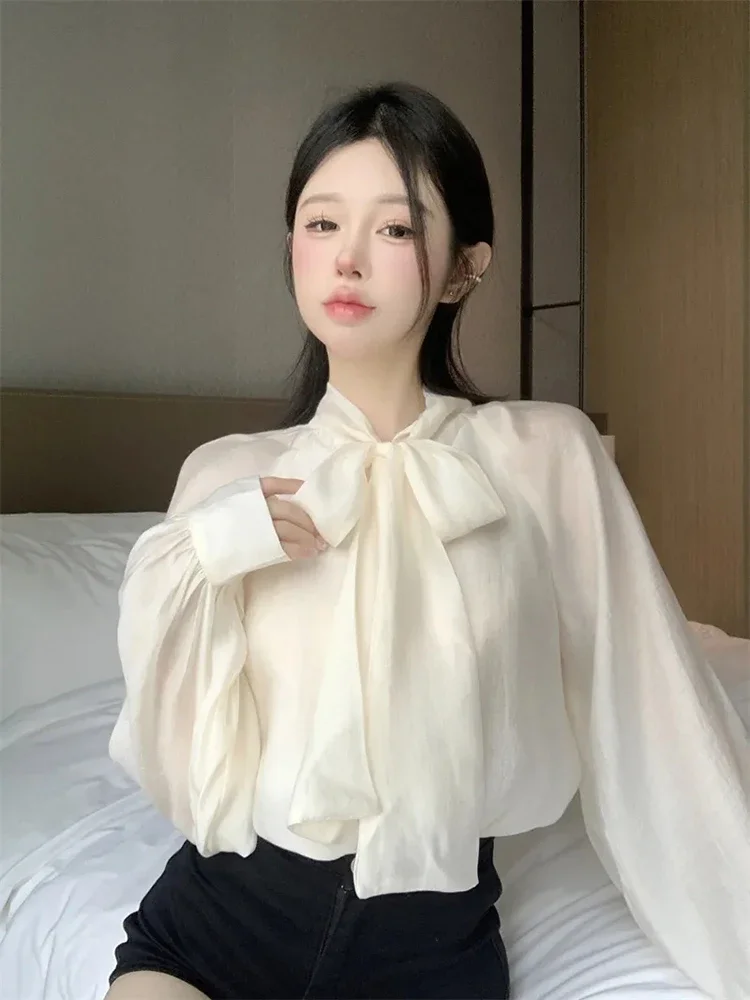 Elegant Bow Long Sleeve Women Shirts Korean Baggy Sweet Puff Sleeves Female Tops Spring New Chic Office Lady Casual Blouse