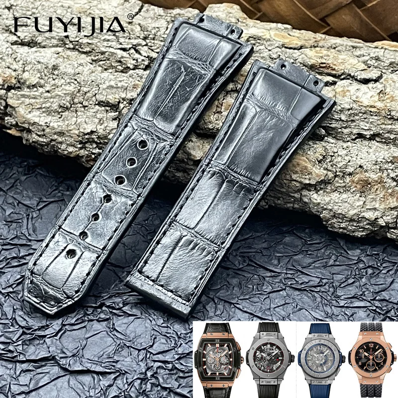 FUYIJIA New Custom H-UBLOT Watch Band Alligator Strap 25MM 32MM Calibrator Genuine Leather Belt Waterproof Cordovan Watchbands