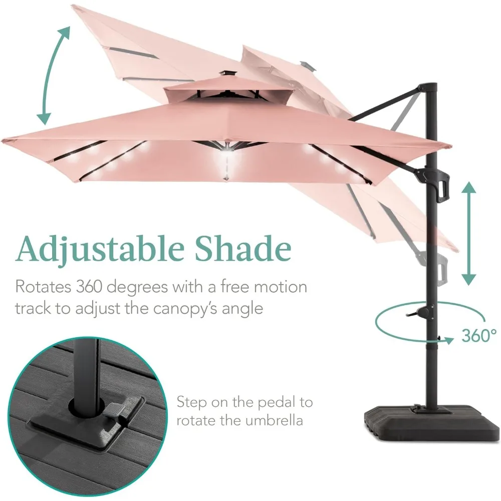 2-Tier Square Cantilever Patio Umbrella with Solar LED Lights, Offset Hanging Outdoor Sun Shade for Backyard w