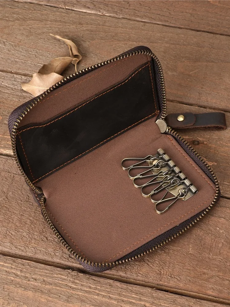 Man's Genuine Leather Key Holder With Card Pocket & 6 Key Hooks Portable Keychain Case  Zipper Card Wallet Small Coin Purse