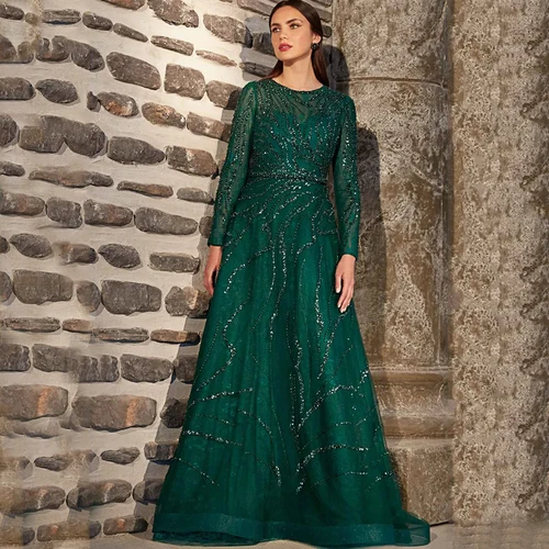 Exquisito vestido de noche de manga larga con cuello redondo para mujer, vestido de fiesta, línea A, largo hasta el suelo, brillante, con cinturón, vestidos personalizados de alta calidad