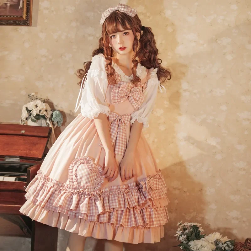 

NONSAR Japanese Sweet Cute Lolita Dress Women Bow Kawaii Party Mini Dresses Female Plaid Ruffles Patchwork Princess Strap Dress