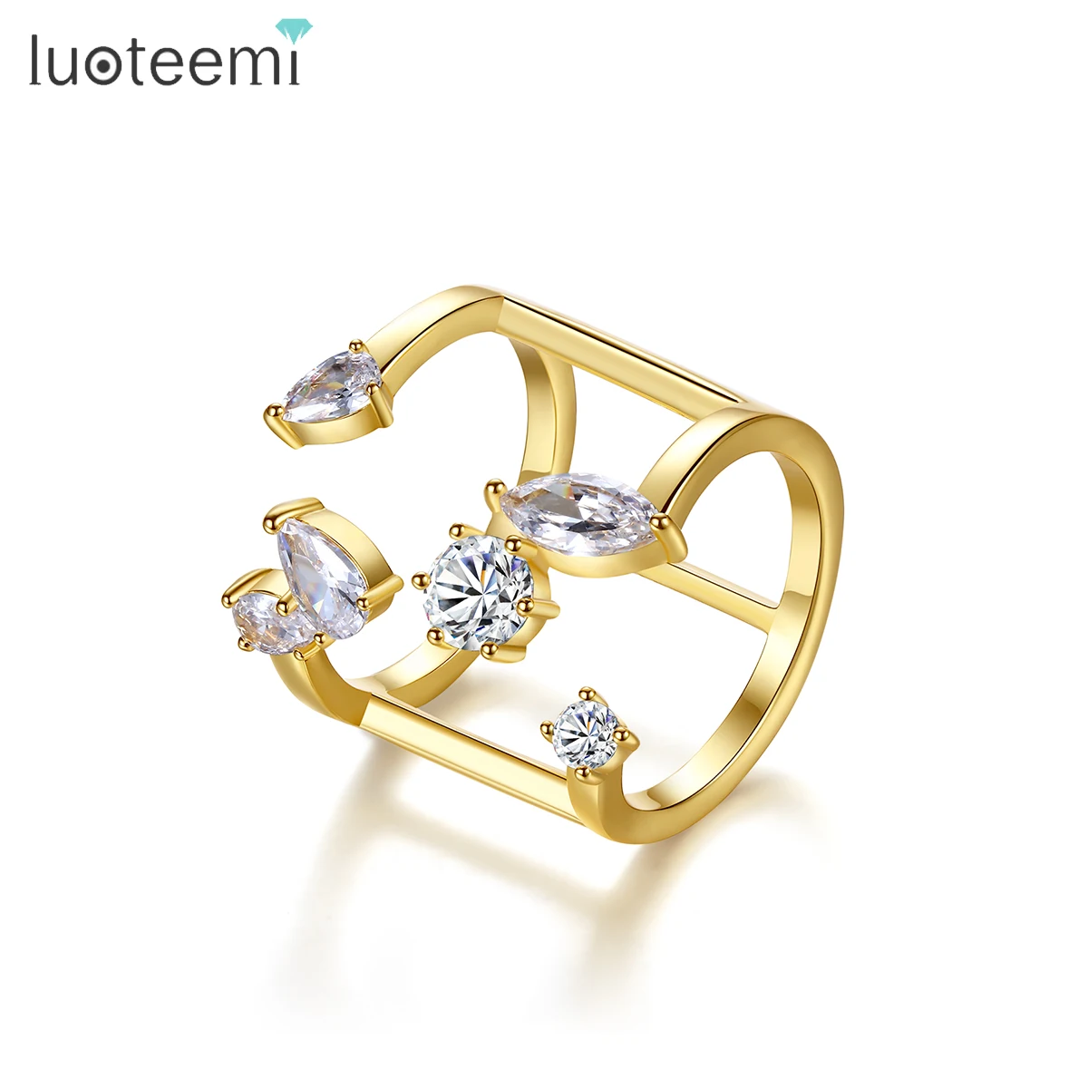 

LUOTEEMI Wide Unusual Adjustable Ring for Women Fashion Brand Jewelry Clear Cubic Zirconia Stones Silver Color Big Open Rings