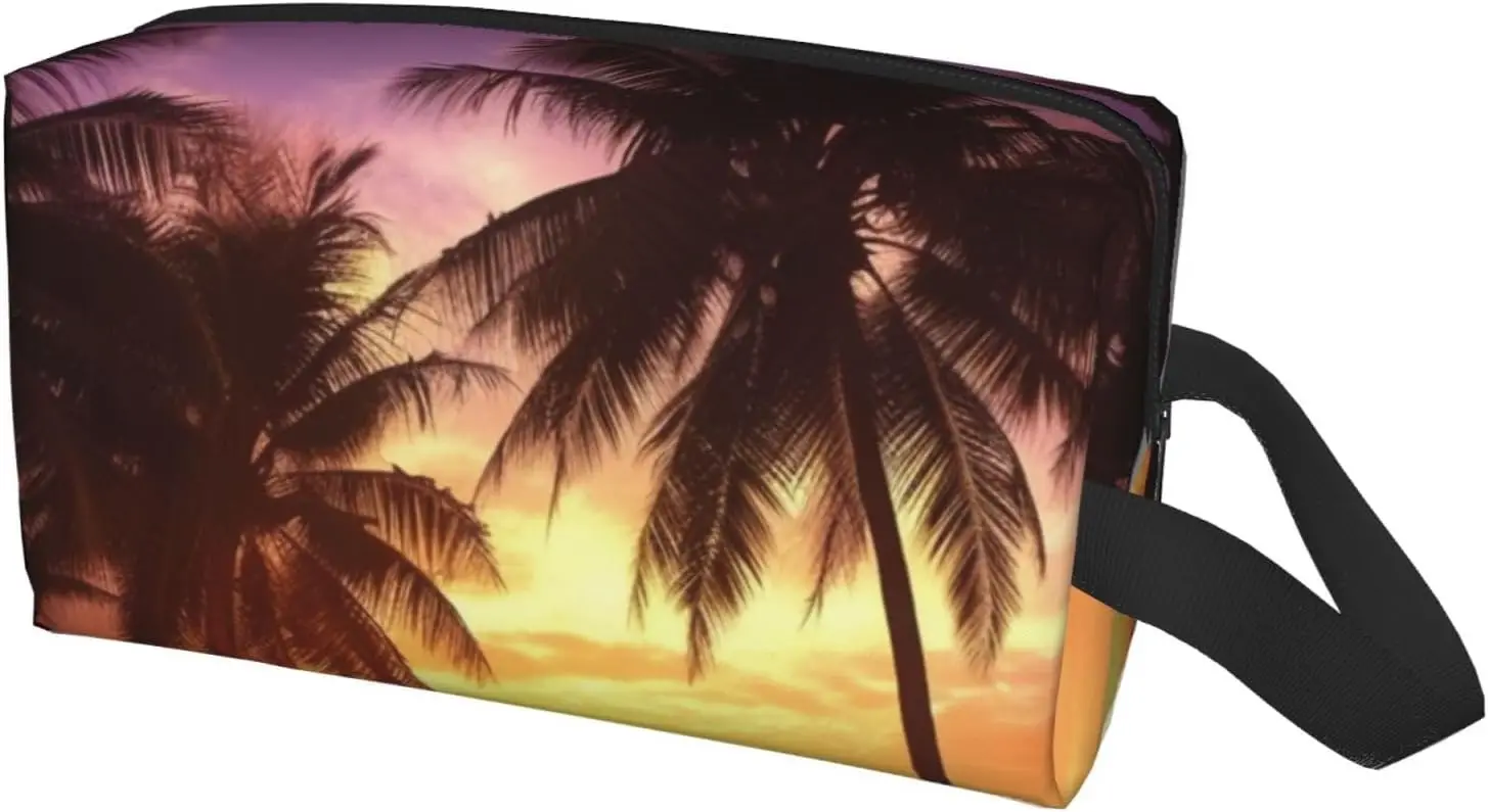 Travel Toiletry Bag for Women Men Leather Makeup Bag Large Portable Travel Organizer Palm Trees at Sunset Cosmetic Bag