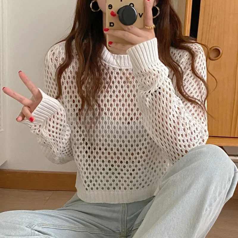 ZHUANQING Women\'s Knitted Top Sexy Transparent Loose Summer Mesh Pullovers Top Long Sleeve Basic Oversized Sweater Female