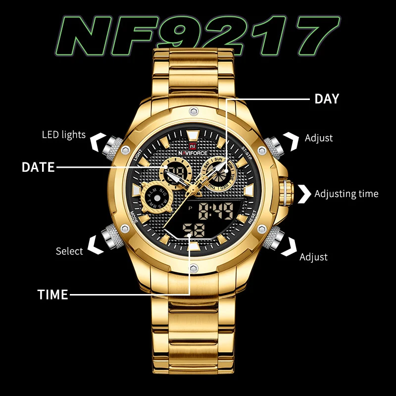 Top Brand NAVIFORCE 9217 Watches Mens Luxury LCD Analog Digital Stainless Steel Man Wristwatch Casual Quartz Luminous Male Clock