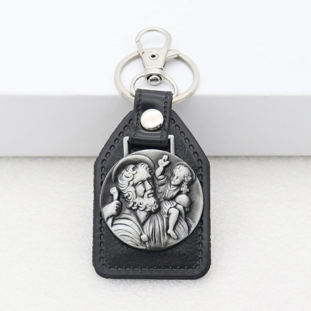 Diyalo Catholic Cross Christ Jesus Guardian Driver St Christopher Keychain Car Bag Pu Leather Key Rings Hangings Church Supplies