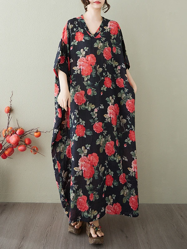 レトロなコットンリネンロングドレス、Vネック、花柄プリント、夏の旅行、カジュアル、ゆったりとしたウエスト、オルトスヴェ、Hシェイプ、Aラインドレス