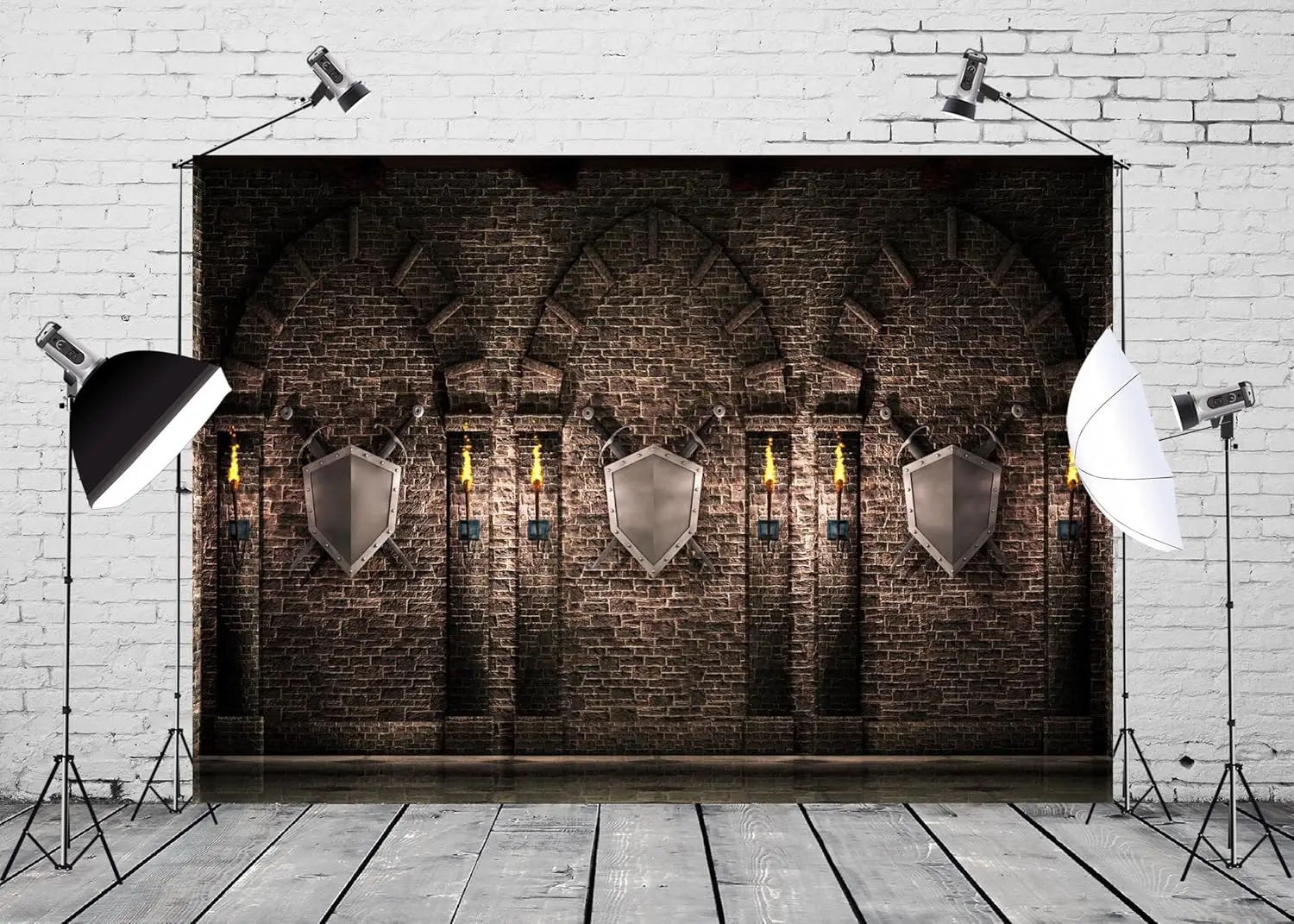Gothic Castle Medieval Castle Ancient Brick Stone Wall Swords Shield Torch Prison Dungeon photo background photography backdrop