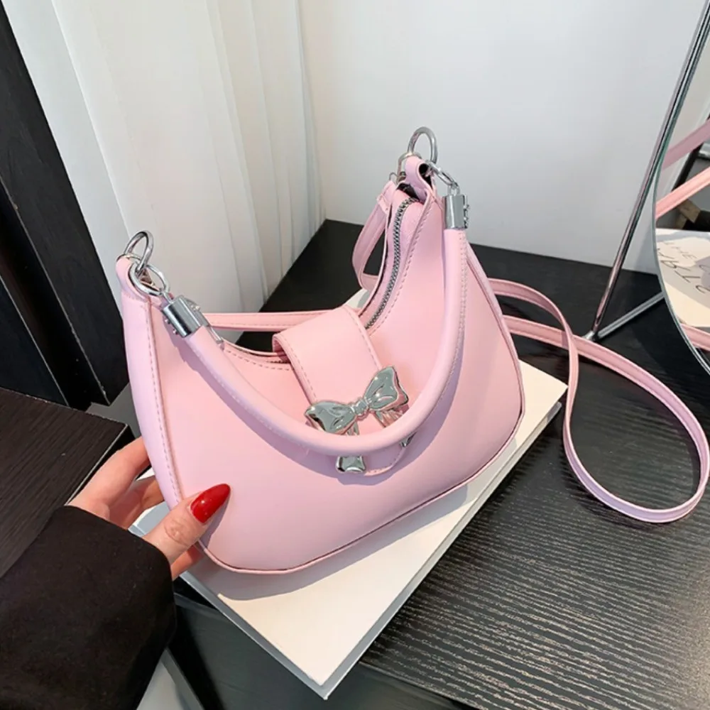

Y2k Style Bowknot Crossbody Bag Bow PU Leather Dumpling Shoulder Bag Large Capacity Korean Style Half-moon Handbag Female/Girls