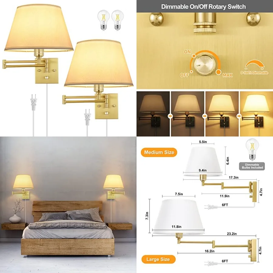 

Dimmable Wall Sconce Plug in, Brushed Brass Wall Sconces Set of 2 Swing Arm Wall Lights with Plug in Cord and Dimmer On/Off Kno