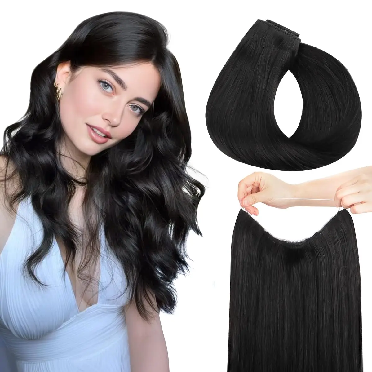 

Straight Fish Line One Piece Clip In Hair Extensions 100% Human Hair 3/4 Full Head 5 Clips In Human Hair Extensions For Women
