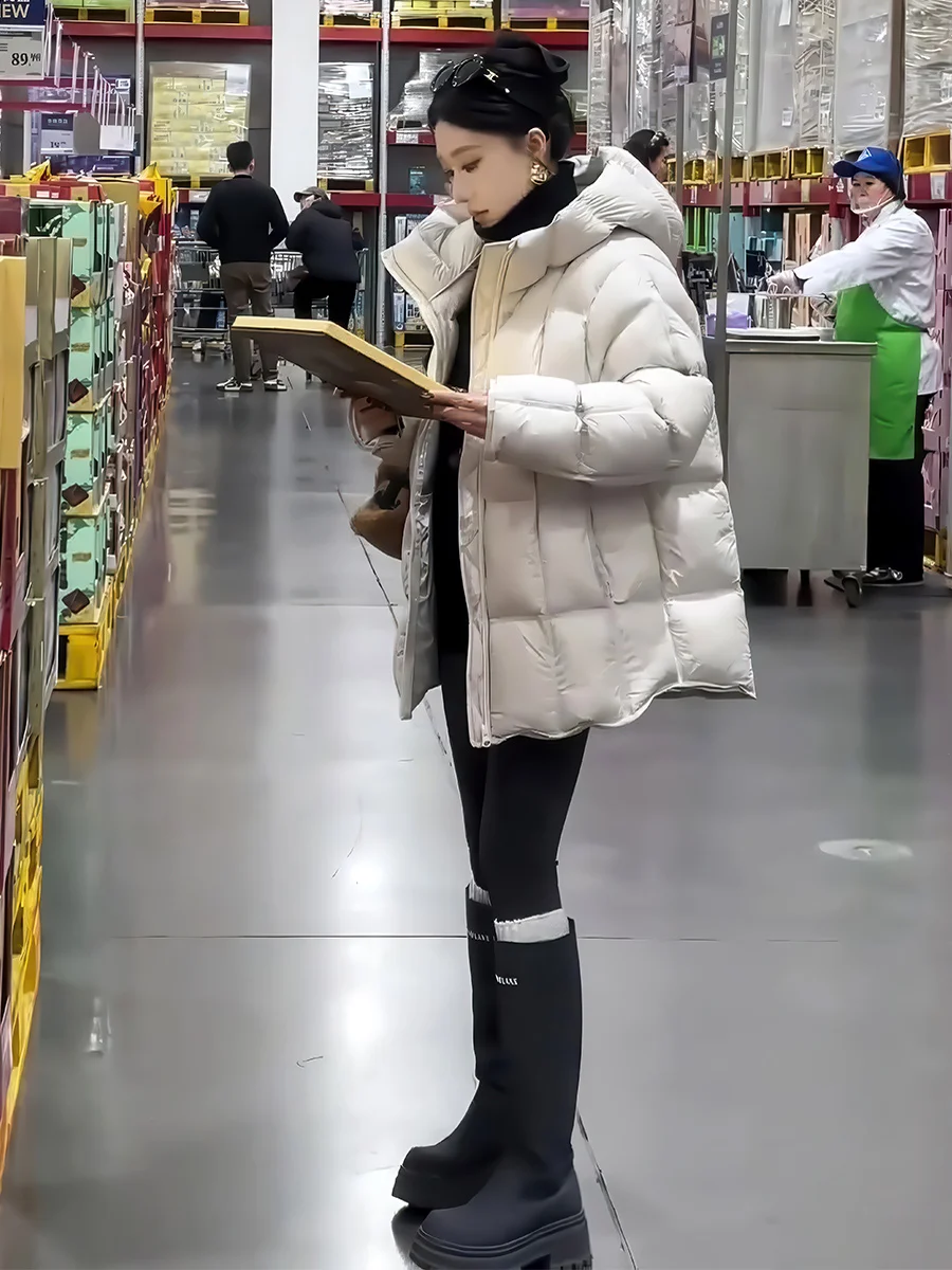 Thiened Puffer Jaet Abrigo de invierno cálido con relleno de plumón blanco de longitud media con capucha larga informal para mujer