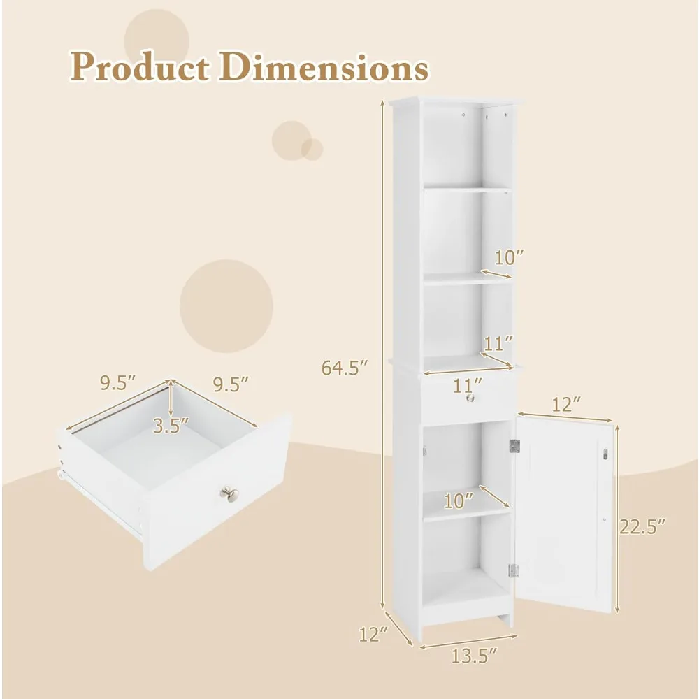 خزانة حمام طويلة بطول 64.5 بوصة، وخزانة تخزين ذات أرضية ضيقة مع أرفف قابلة للتعديل، وباب واحد ودرج واحد، ومضادة للانزلاق