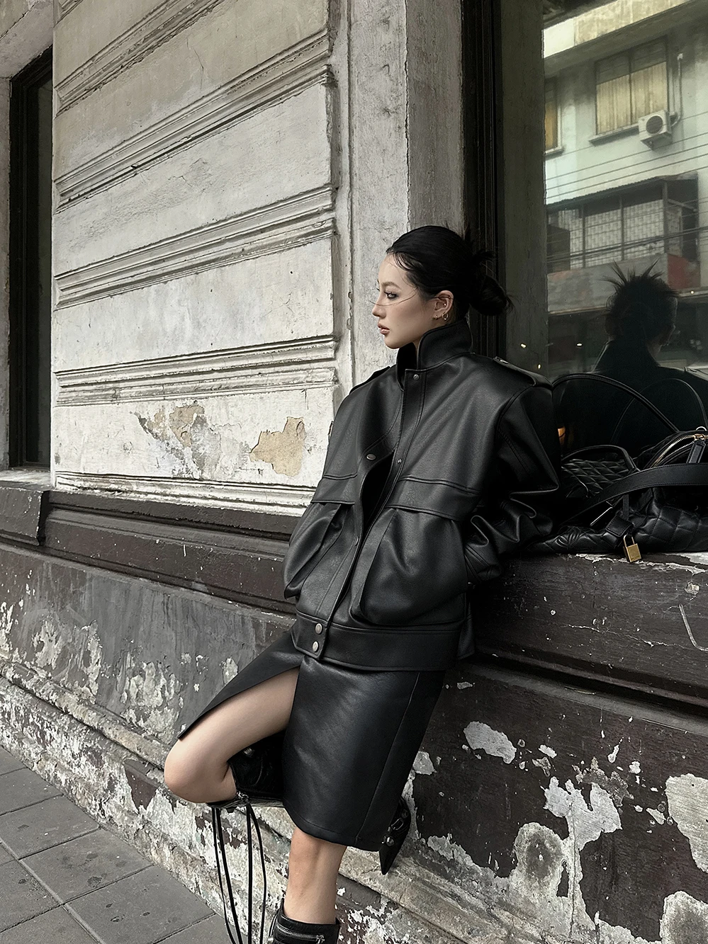 

Cool Stand Collar Loose Fit Leather Jaet Women's Workwear Jaet American Retro Sle Long Sve Streetwear Faion