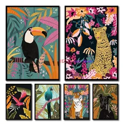 Tropical Floral Jungle Animals Toucan Tiger Parrot Leopard Posters Prints Canvas Printing Wall Art Picture for Living Room Decor