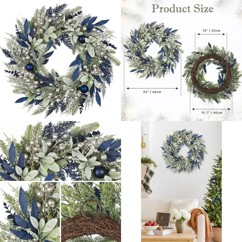 

Glittery Blue Christmas Wreath, 24-26 Inches, with Pine Needles, Berries, and Decorative Leaves for Festive Seasonal Home Decor
