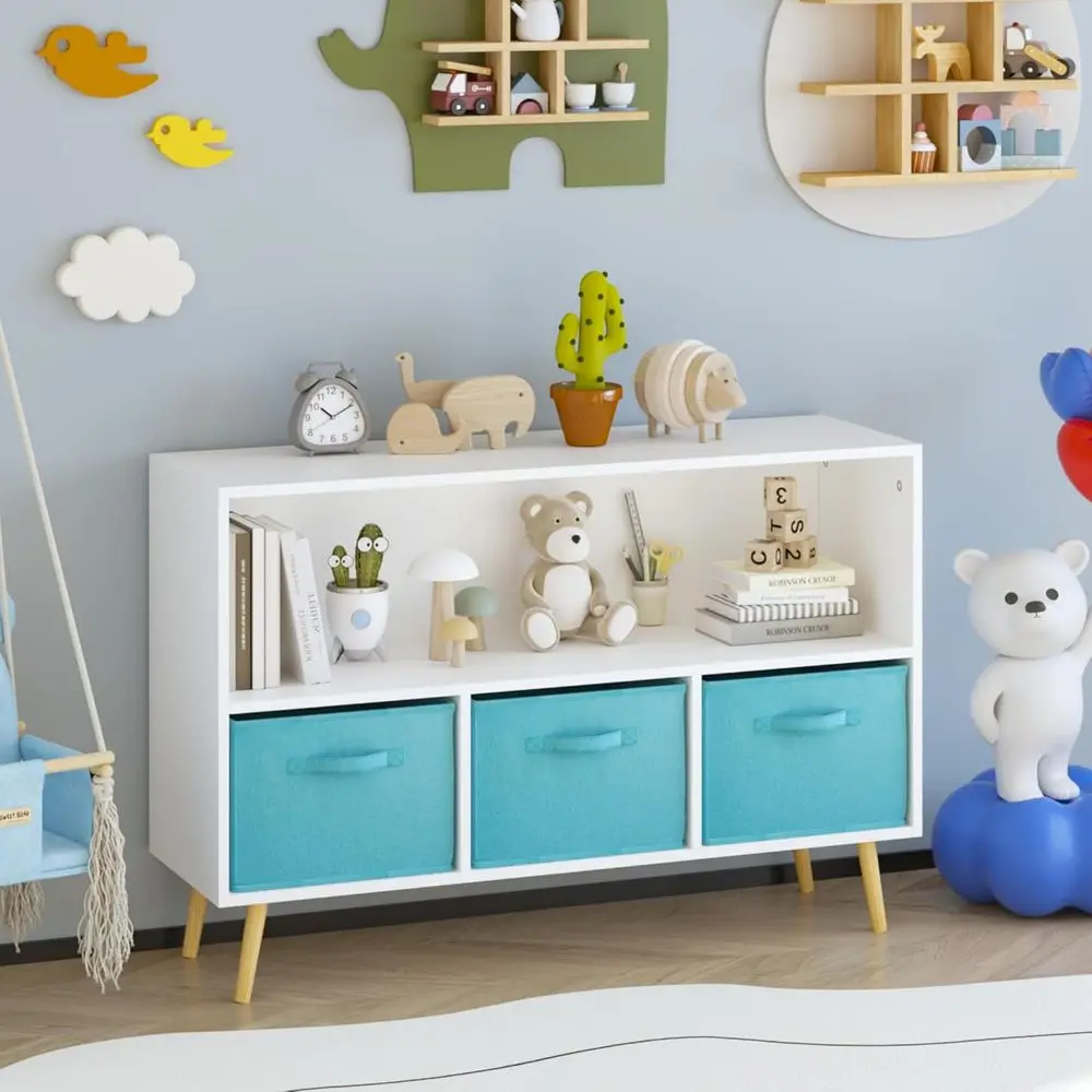 

Collapsible 3-Tier Fabric Bookshelf for Kids, Multi-Cubby Wooden Storage Organizer, Playroom Display Rack in White/Blue