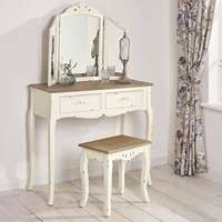French Style White Vanity Table Makeup Table with Tri-fold Mirror Dressing Table Set with Stool