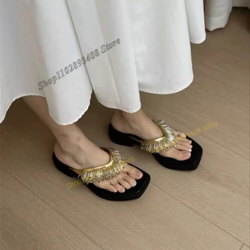 Gold Tassels Decor Flip Flops Slippers Square Toe Flat with Slip on Women Shoes 2023 Summer Fashion Concise Zapatos Para Mujere