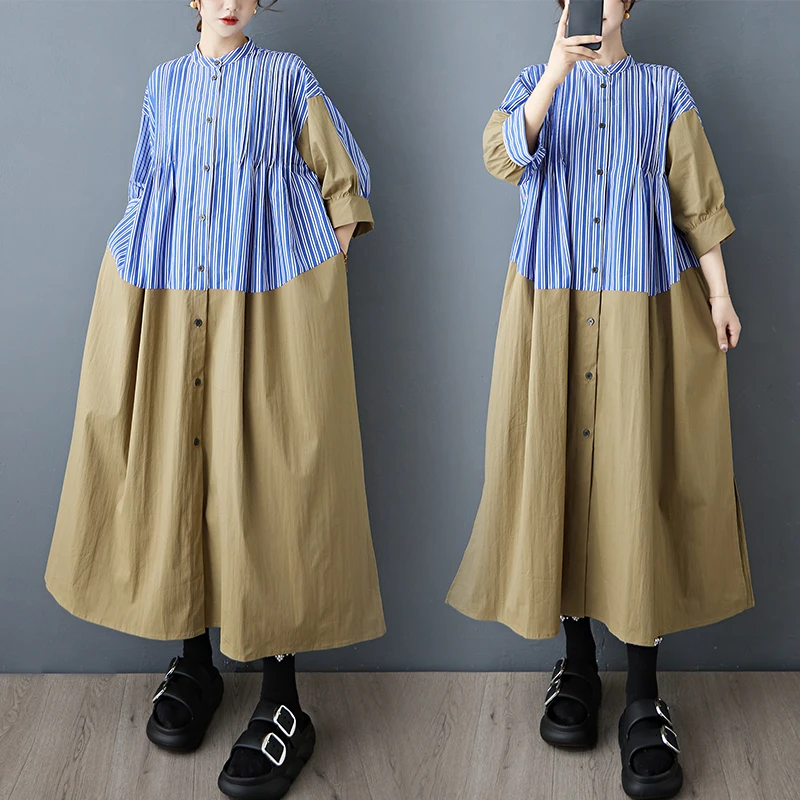 Retro Striped Patchwork Color Block Casual Loose Shirt Dress Fashion High Waist Cotton A-Line Summer Dress for Young Women