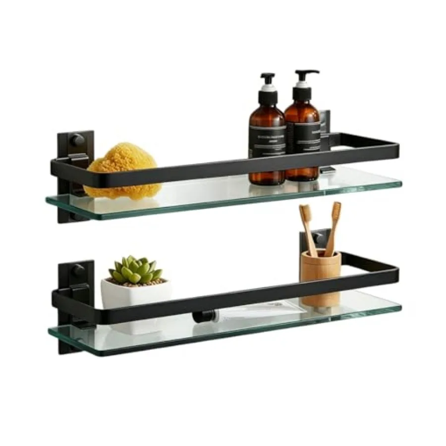 

2 Pack Bathroom Glass Shelf, 15.7 Inch Black Bathroom Shower Glass Shelf Wall-Mounted, Metal Storage Floating Kitchen Shelf