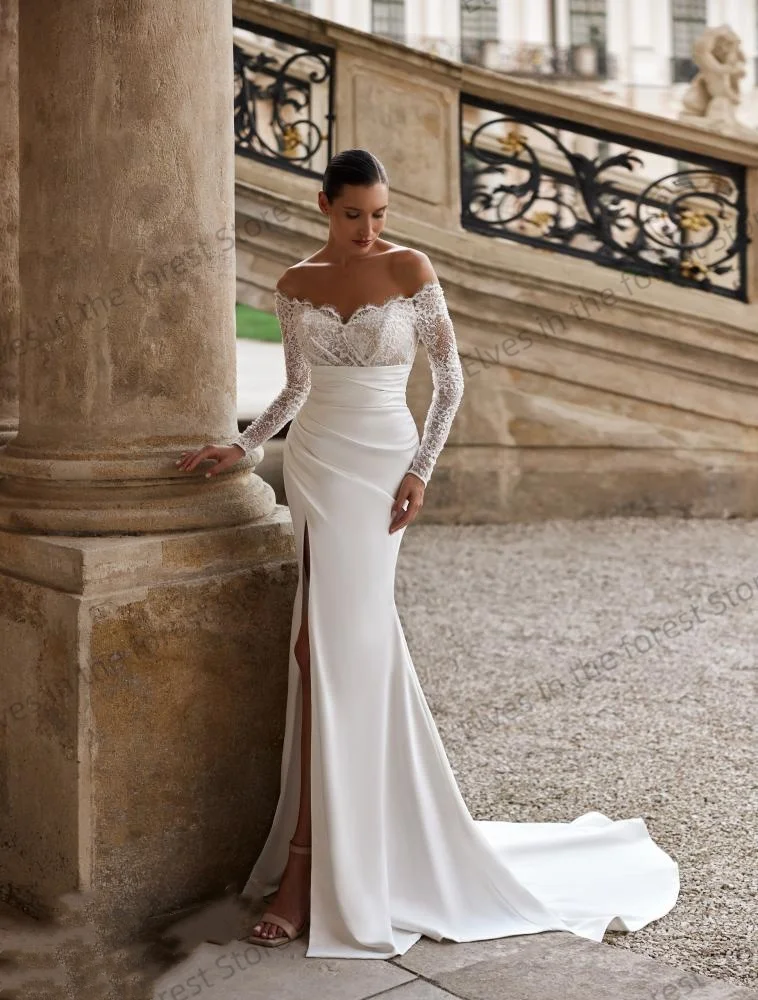 Elegante abito da sposa a sirena per donna con spalle scoperte e maniche lunghe in pizzo, abito da sposa personalizzato con spacco alto, abiti da sposa