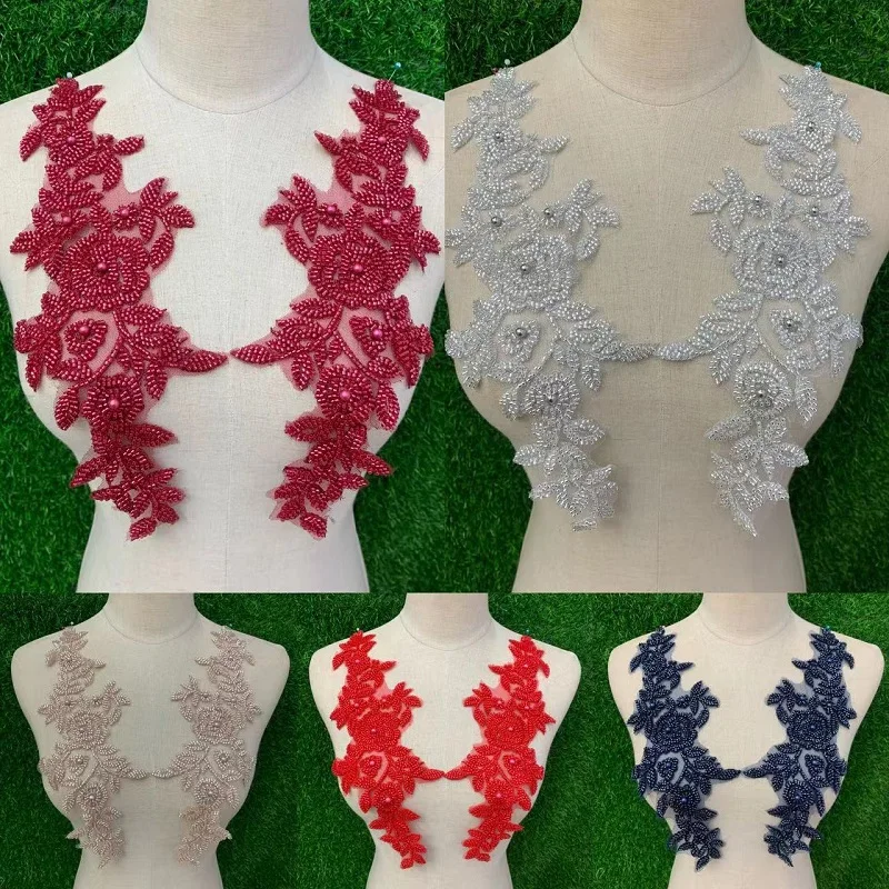 1 Pair Luxury Beaded Craft High End Flower Embroidery Sewing Lace Neckline Applique Trims 3D Venise Patches