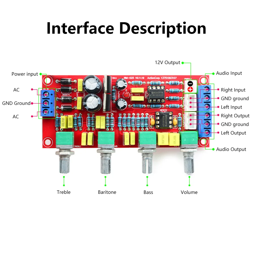 NE5532 Audio Preamplifier Bass Treble Sound Tone Control Board with Extension Cord 20cm For Diy Amplifier